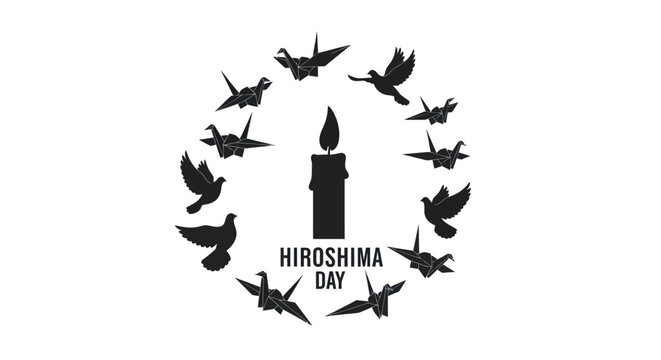 Hiroshima Day with origami cranes and doves around a candle