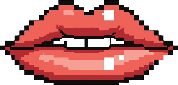 pixel art icon of romantic lips for Valentine's Day. Cute, editable retro symbolizing love, kisses, and affection. 