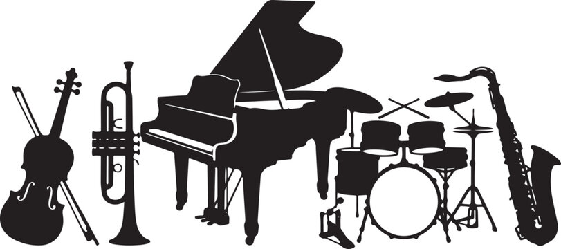 Musical instruments silhouette set featuring grand piano drums violin trumpet and saxophone isolated on white background for classical and jazz music vector design