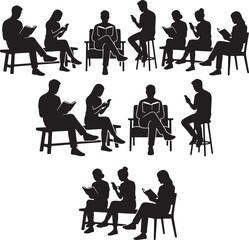Fototapeta premium People silhouette set featuring men and women sitting on benches and chairs reading books and using smartphones isolated on white background vector illustration collection