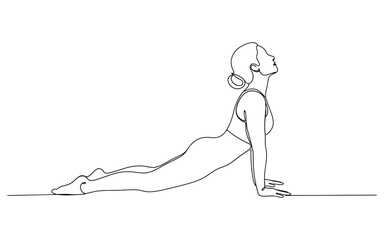 Fototapeta premium Woman doing yoga cobra pose in a continuous single line drawing art style