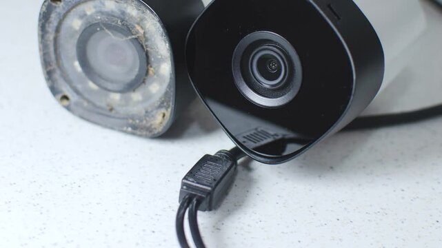Close up the old and worn security camera, symbolizing the need for replacement and maintenance in security systems.000- Prevention and safety concept.
