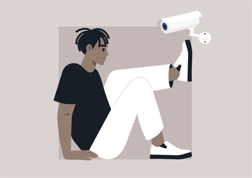 Character sits on the ground in casual attire, feeling the weight of being observed by a CCTV camera overhead, This scene captures the tension of privacy loss in a contemporary world.