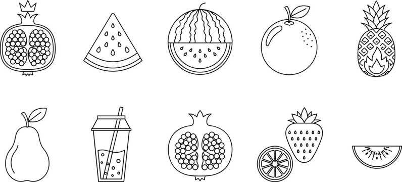 Tropical fruit outline vector set including watermelon pineapple orange pomegranate strawberry pear juice and citrus icons