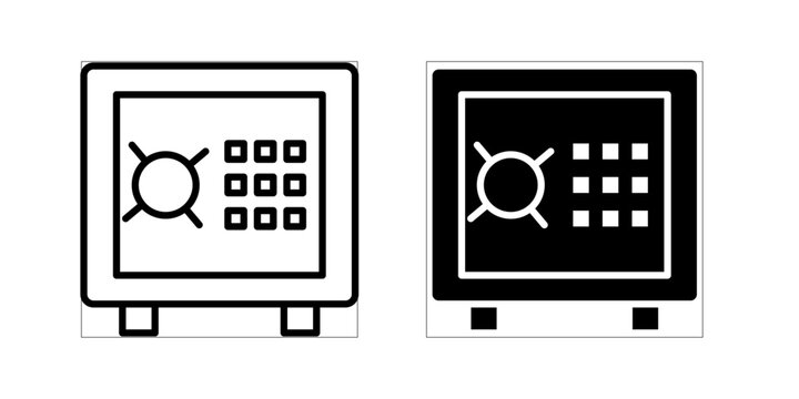 Safety deposit box icon in stroke and solid fill style, displayed in black on white background. Ideal for secure storage, banking services, valuables protection, and safety interfaces.