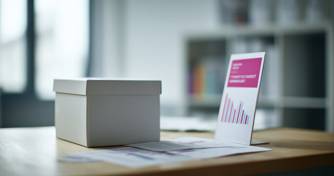 White box with business charts on table