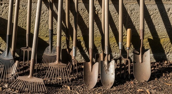 Assortment of vintage metal garden tools including rakes and shovels arranged against a stone wall