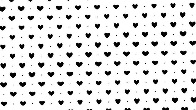 Animated Seamless Pattern Of Elastic Black Heart Symbols And Dots With Vortex Animation On A White Background, 4K Seamless Loop, 16:9 Horizontal Video