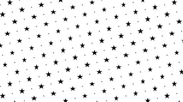 Animated Seamless Pattern Of Black Stars And Sparkles With Vortex Animation On A White Background, 4K Seamless Loop, 16:9 Horizontal Video