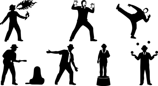 People Action Pose Silhouette Set &ndash; Performer, Dancer, Fighter and Juggler Vector Bundle