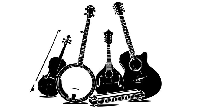  Folk Music Instrument Silhouette Set &ndash; Guitar, Banjo, Violin, Mandolin and Harmonica Vector