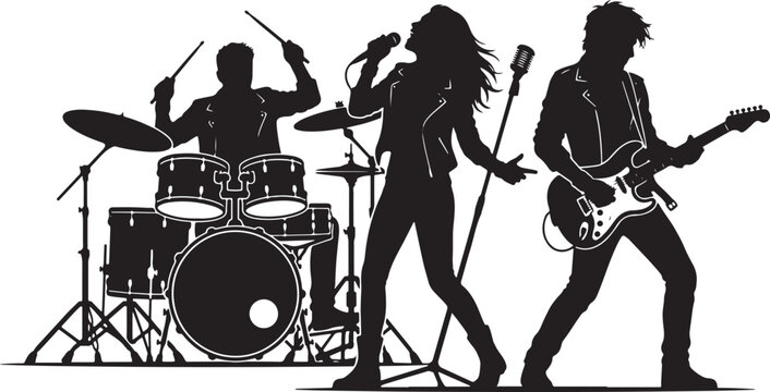 Rock band performance silhouette featuring female lead singer guitarist and drummer on stage with microphone isolated on white background vector illustration collection