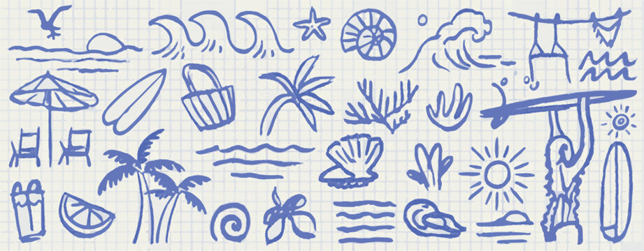 Blue Seaside Summer Vacation Doodle Collection beach