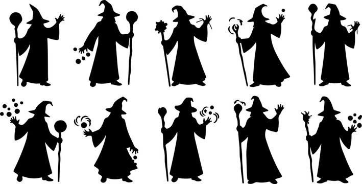 Wizard Silhouette Bundle &ndash; Fantasy Sorcerer and Magician with Staff Vector Set