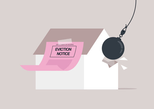 A striking visual portrays a white house under the threat of a wrecking ball, with an eviction notice prominently displayed, symbolizing change and displacement in the community.