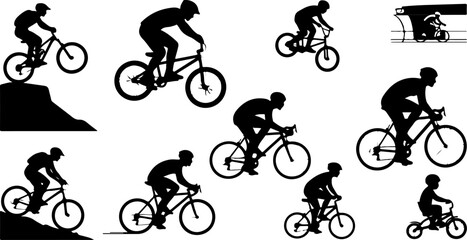 Naklejka premium Cycling Silhouette Bundle – BMX, Mountain Bike & Road Cyclist Vector Set