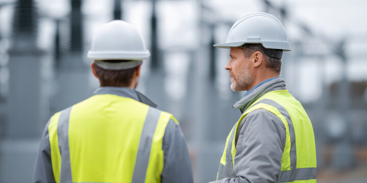 Engineers inspecting electrical substation equipment