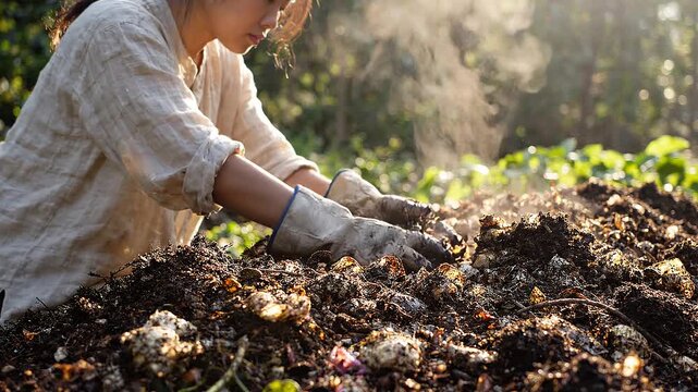 Asian worker inspecting a compost pile, highlighting sustainability and organic farming practices under soft sunlight. Emphasizes textures and vibrant life, perfect for eco-themed projects