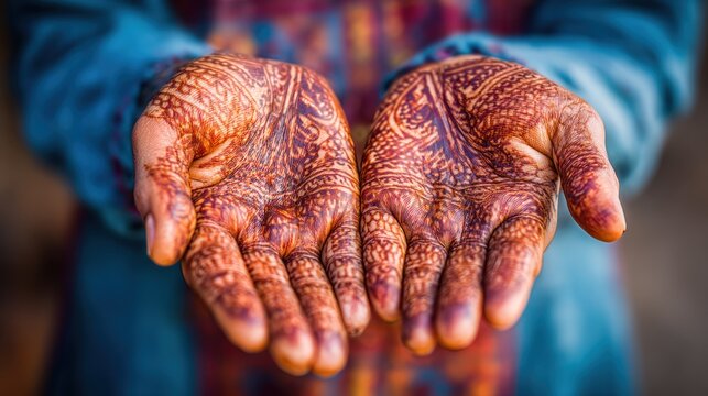Close up of hands adorned with intricate henna patterns against blurred background