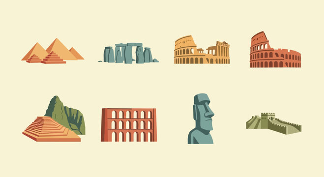 Explore iconic world monuments and ancient historical landmarks through a captivating set of flat design vector illustrations representing global cultural heritage