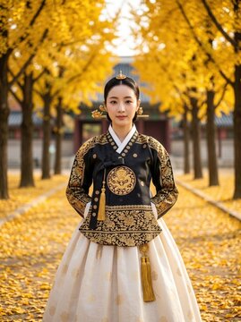 Beautiful young Korean woman wearing traditional black hanbok with gold embroidery standing on ginkgo leaf path near palace architecture in soft warm cinematic golden lighting

