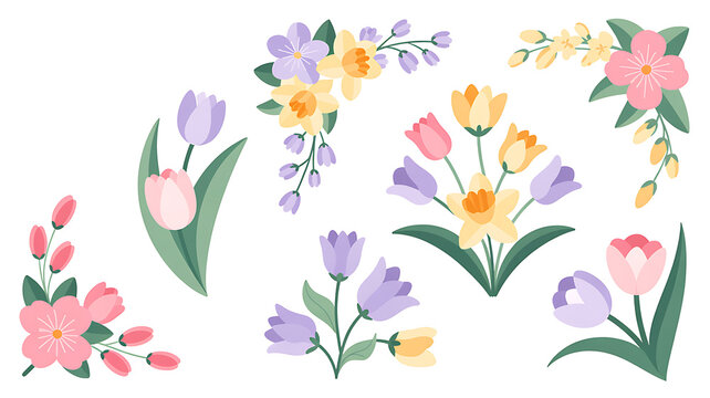 Set of colorful spring flower bouquets and floral elements for easter and greeting card designs Isolated on transparent background.