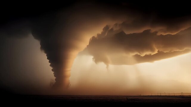 Tornado, twister, weather, natural disaster. A dramatic photograph captures a stormy scene. A large, swirling cloud formation, resembling a tornado or tornado, is the central focus.