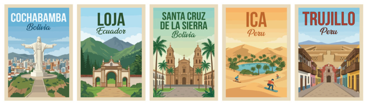Majestic south america travel poster set. Including cochabamba, loja, santa cruz, ica, and trujillo for iconic wall art prints. Retro vector illustration.