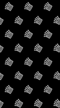 Animated Seamless Pattern Of Rotating Crown Symbols Scrolling Up On A Black Background, Seamless Loop, 9:16 Vertical Video