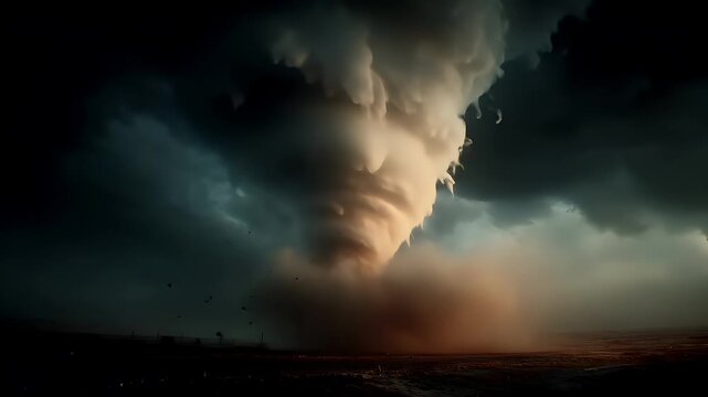 Tornado, twister, weather, natural disaster. A dramatic depiction of a tornado, captured in a moody, atmospheric style. The main subject is a large, swirling cloud formation.