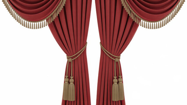 Pair of red velvet curtains with gold tassels and fringes isolated on a white background