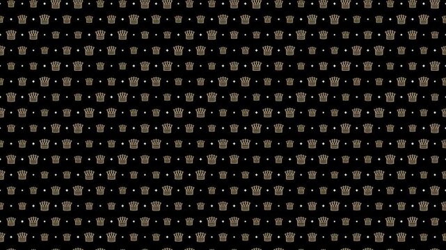 Animated Seamless Pattern Of Crown Symbols And Sparkle Stars Scrolling Up On A Black Background, 4K Seamless Loop, 16:9 Horizontal Video