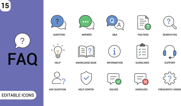 FAQ Icon Set. Question Answer, Help Center, Support, Knowledge Base and Customer Service Editable Line Icons
