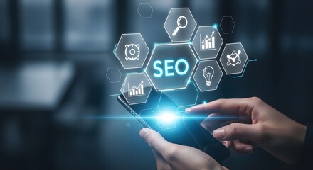 Naklejka premium Digital marketing and seo concept hand interacting with holographic interface