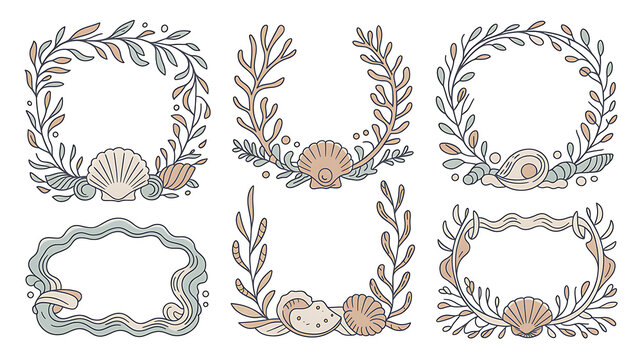 Collection of six decorative frames and borders with shells and seaweed, ocean theme Isolated on transparent background.