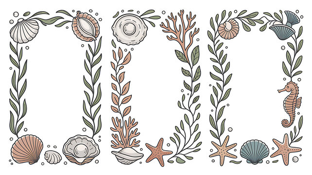 Nautical borders with seaweed and seashells collection of floral ocean frames for summer stationery Isolated on transparent background.