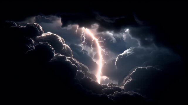 Fantasy wallpaper. A dramatic digital artwork depicts a stormy sky. A striking lightning bolt strikes through the clouds, illuminating the dark, stormy backdrop.