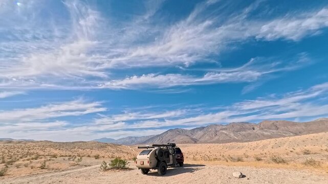 Watch the setup of a teardrop camper trailer in Anza Borego State Park, California, showcasing the surrounding desert landscape.