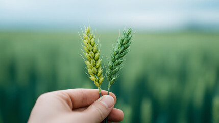 Fototapeta premium Hand Holding Green Wheat Ears Outdoors