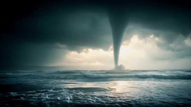 Tornado, twister, weather, natural disaster. A dramatic portrayal of a stormy sea scene. The main subject is a powerful, swirling tornado, captured from the horizon. The sky is dark and stormy.