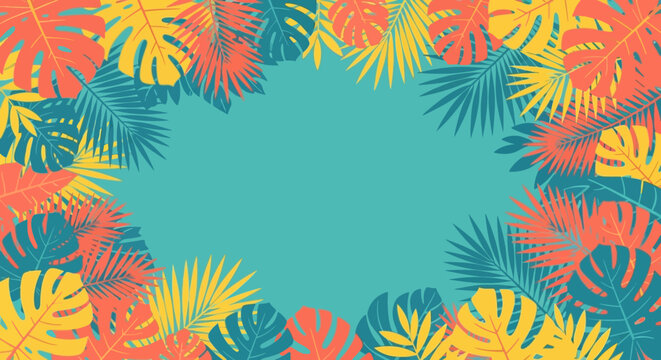 Tropical summer background with palm and monstera leaf frame