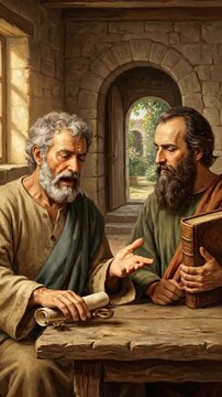 Saints Peter and Paul, two aged religious figures, intensely discussing scripture, Peter holding a large key and a rolled parchment scroll, Paul gesticulating while clutching a thick antique book.