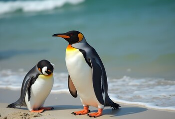 Fototapeta premium Two King Penguins Standing on a Sunny Tropical Sandy Beach with Turquoise Ocean Waves