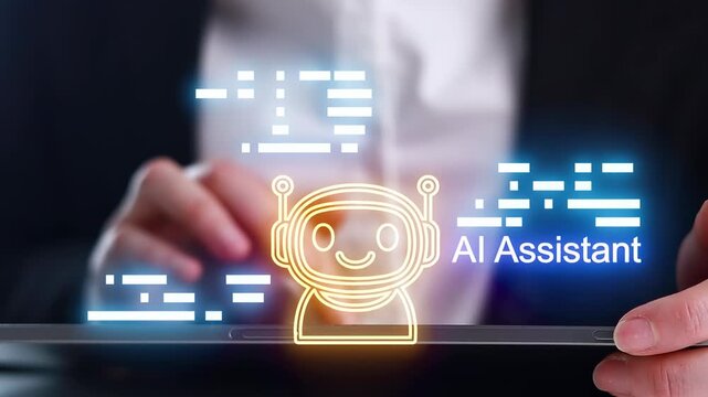 Hands interact with digital interface showing AI assistant and code in a workplace setting.