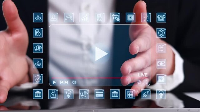 Business professional presents live content with digital interface and various icons displayed on screen during virtual meeting.