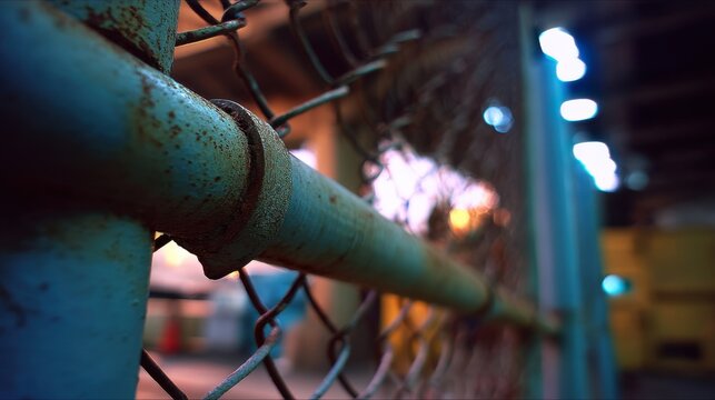 Close-up of weathered chain-link fence section with rusted pipe and blurred urban background