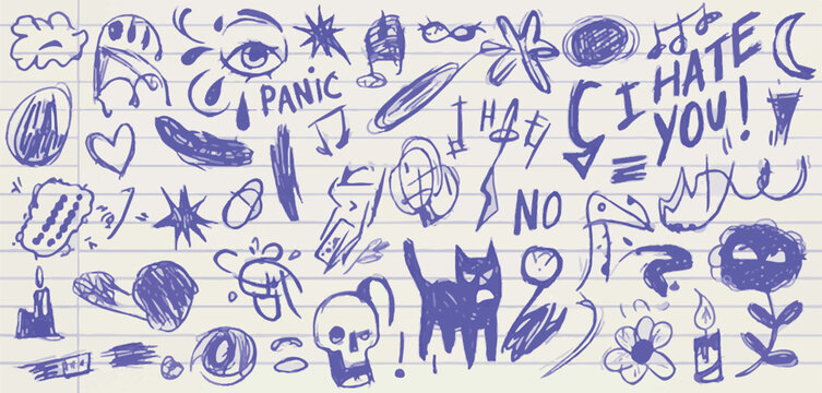 Dark emotion doodles on grid paper Keywords: emotion, doodles, drawing, illustration, hate, no