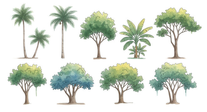tree watercolor illustration, Minimal style tree painting hand drawn, Side view, set of graphics trees elements drawing for