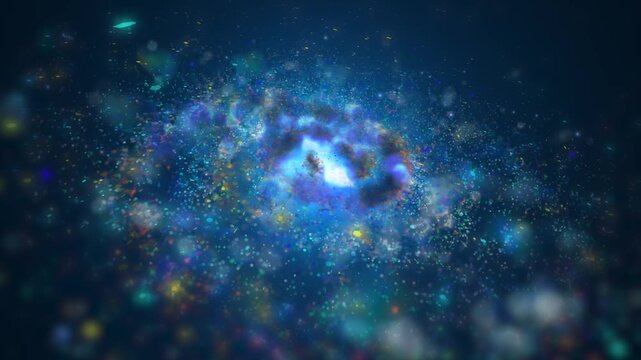 A bright galaxy made up of billions of particles glows neon and moves through space, scattering meteors and plasma.
