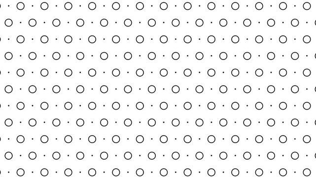 Animated Seamless Pattern Of Elastic Black Outlined Rings And Dots With Vortex Animation On A White Background, 4K Seamless Loop, 16:9 Horizontal Video